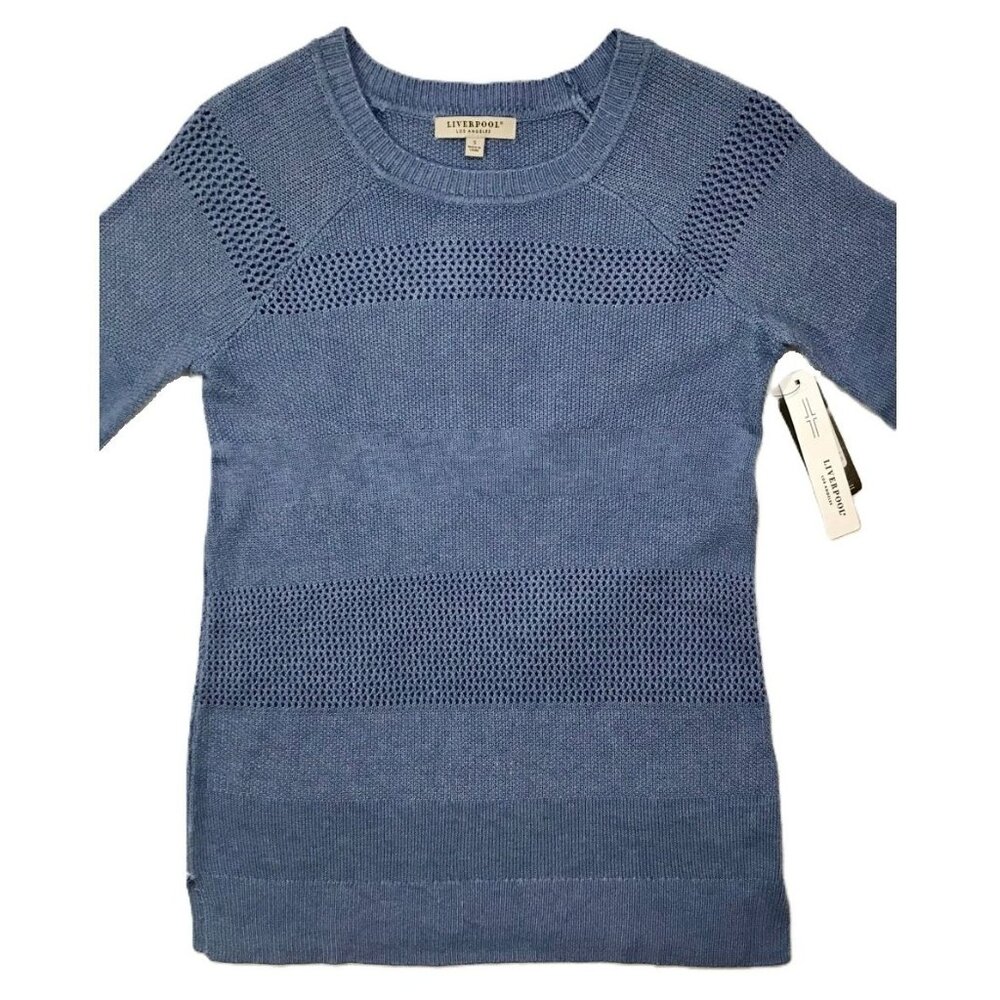 New Liverpool LA Blue Viscose Knit Top • Mesh Details, Flare Sleeve • NWT Small - Picture 9 of 13